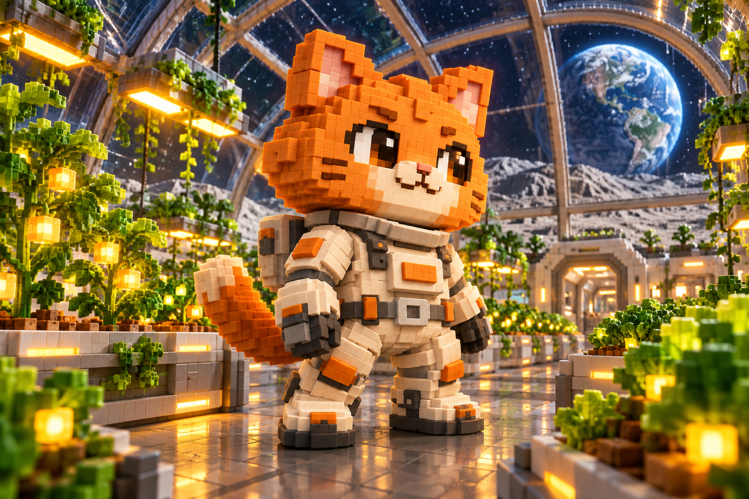 MISO in the lunar greenhouse, a cinematic voxel world