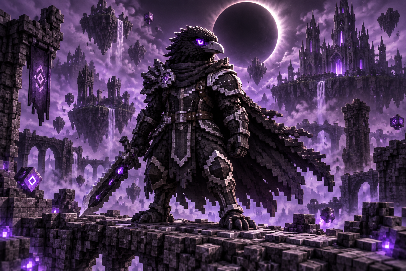 ONYX in a castle under eclipse, a cinematic voxel world