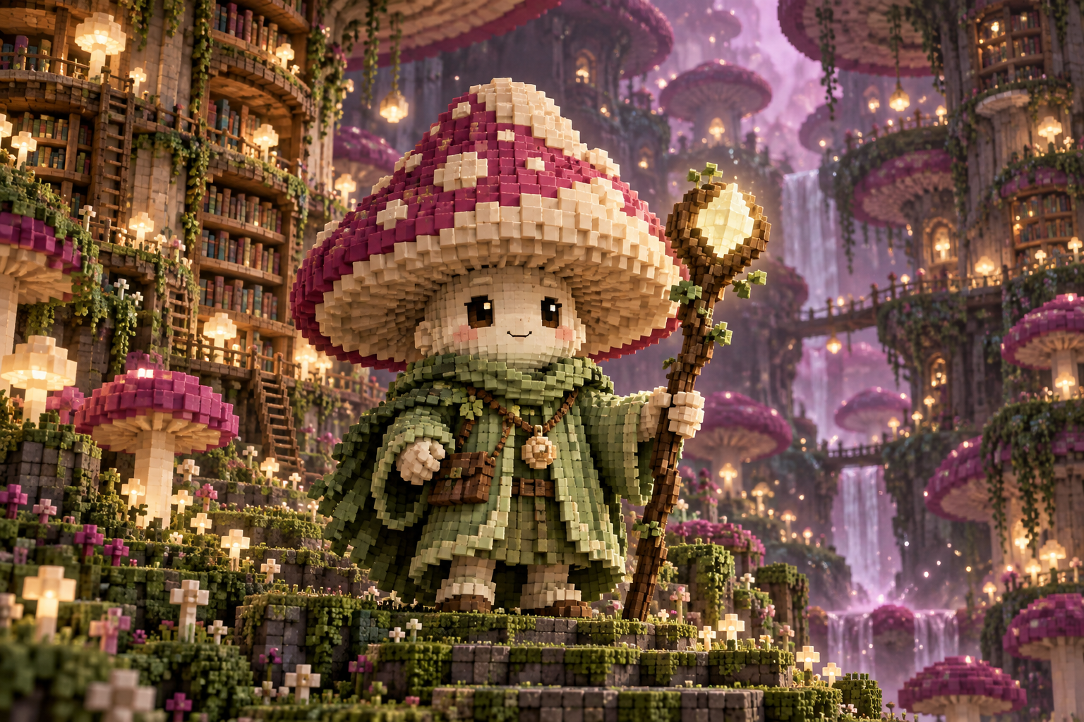 SAGE in the library that grows, a cinematic voxel world