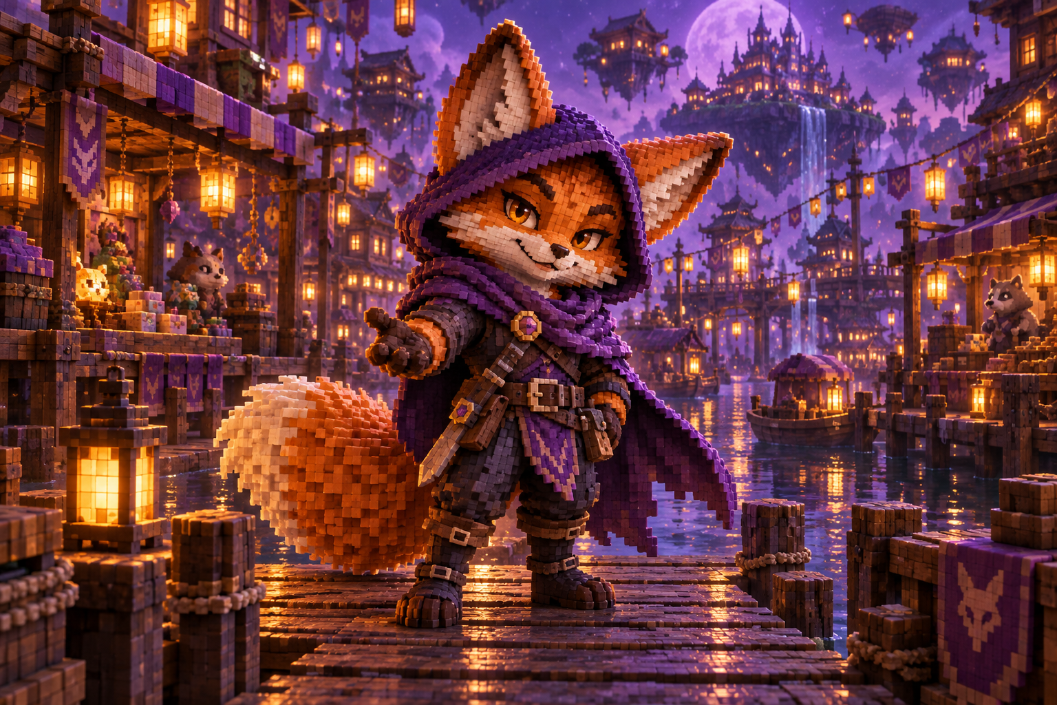 VEX in the floating night market, a cinematic voxel world